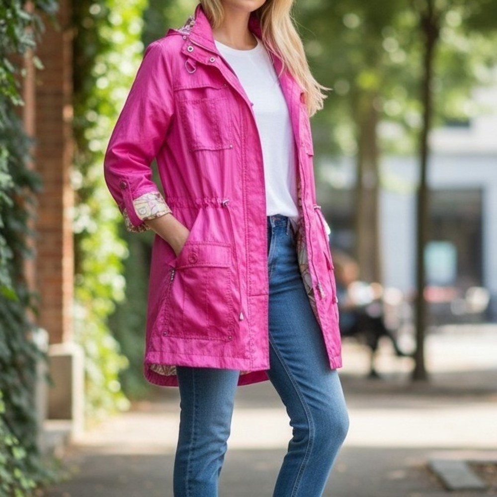 Y2k Hot Pink Utility Raincoat Colorful Preppy Hooded Lightweight Raincoat M